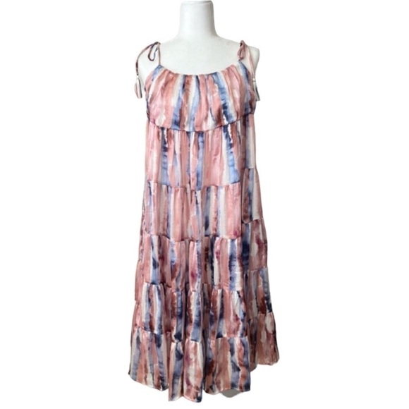 Storia Pink And Blue Gold Shimmer Watercolor Tiered Midi Dress Size M - Picture 7 of 13